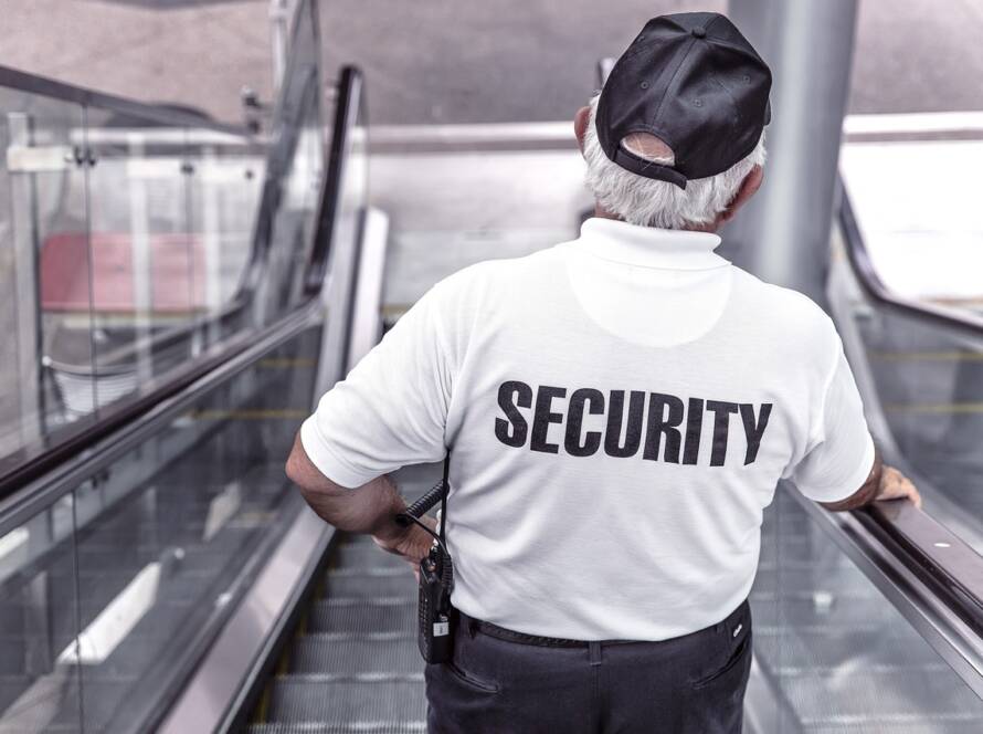 security, man, escalator